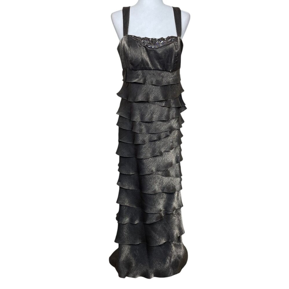 Ignite Evenings Metallic Taupe Gold Tiered Ruffle Gown Formal Wedding Si…
